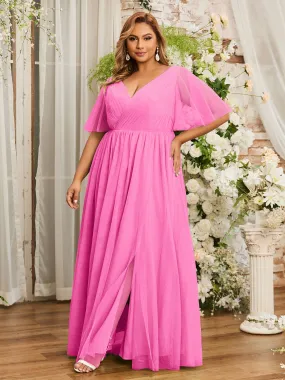 A-line V-neck Tulle Max Dresses with Deep-V Back-Azalea Plus Size