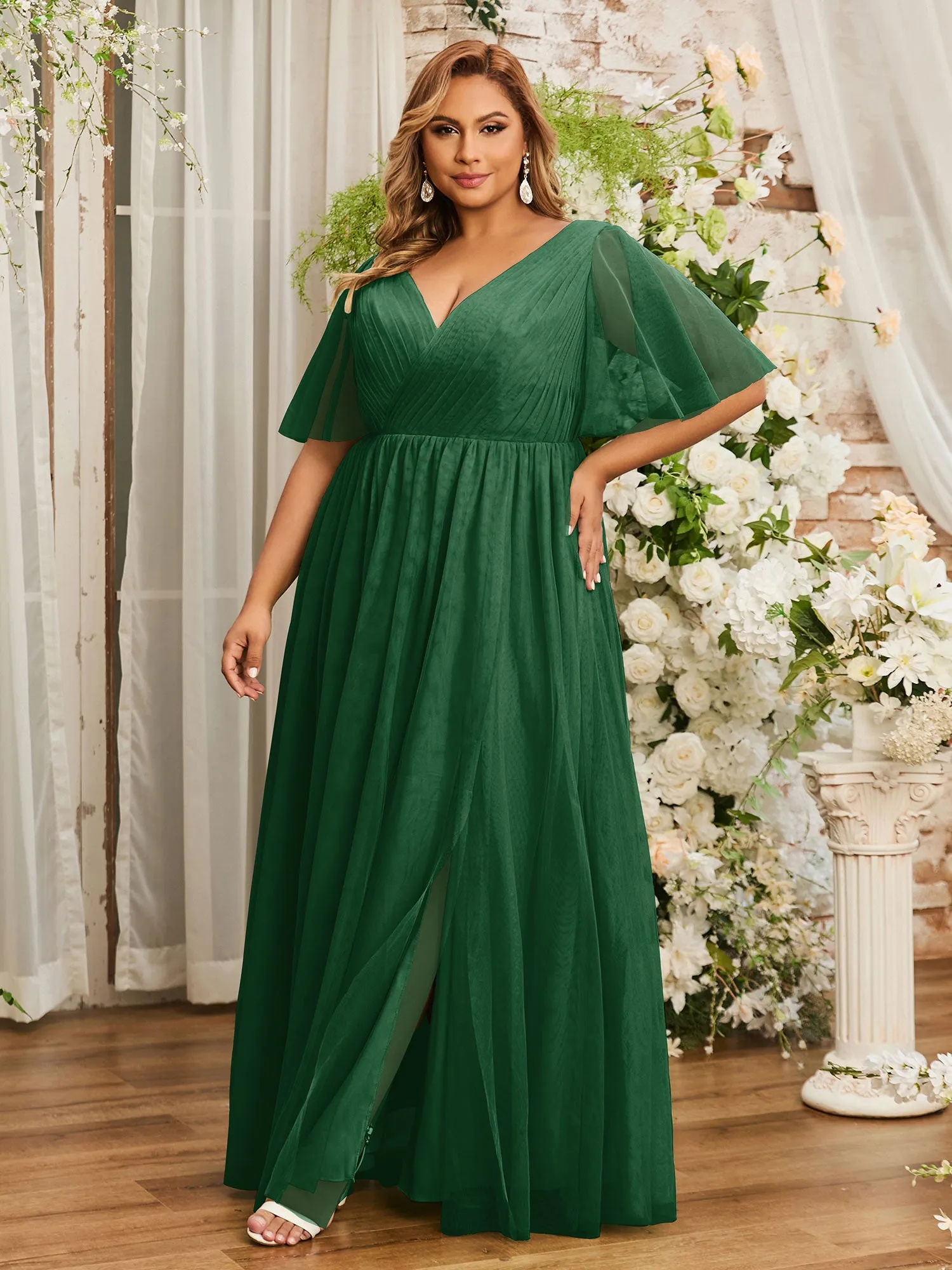 A-line V-neck Tulle Max Dresses with Deep-V Back-Dark Green Plus Size