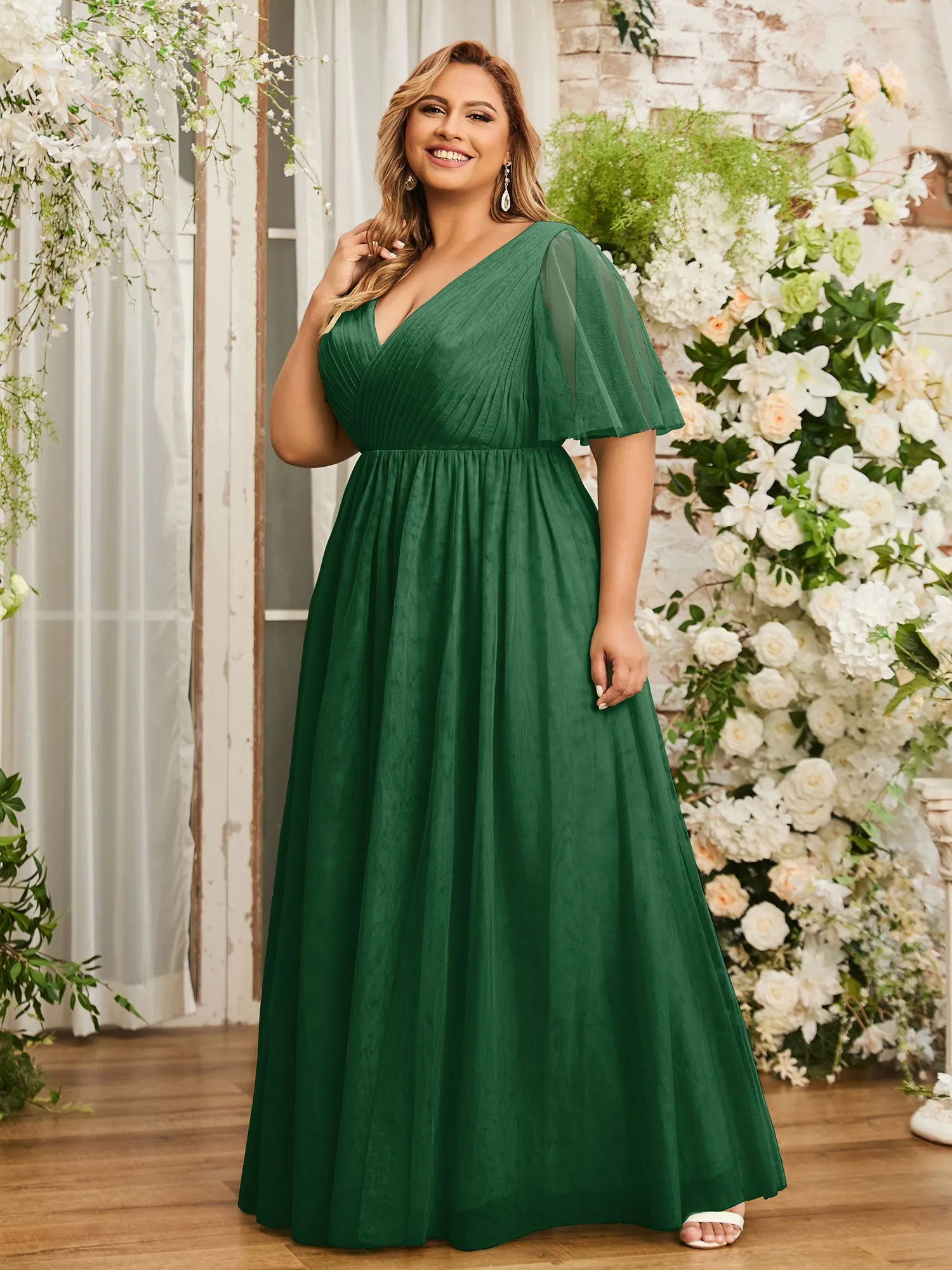 A-line V-neck Tulle Max Dresses with Deep-V Back-Dark Green Plus Size