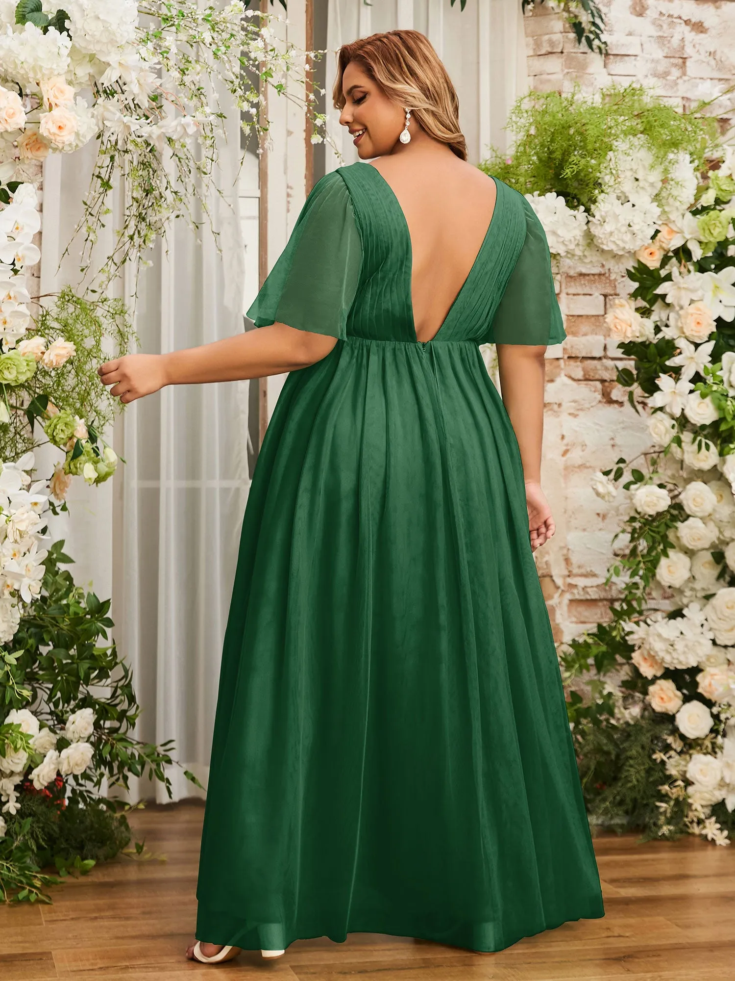 A-line V-neck Tulle Max Dresses with Deep-V Back-Dark Green Plus Size