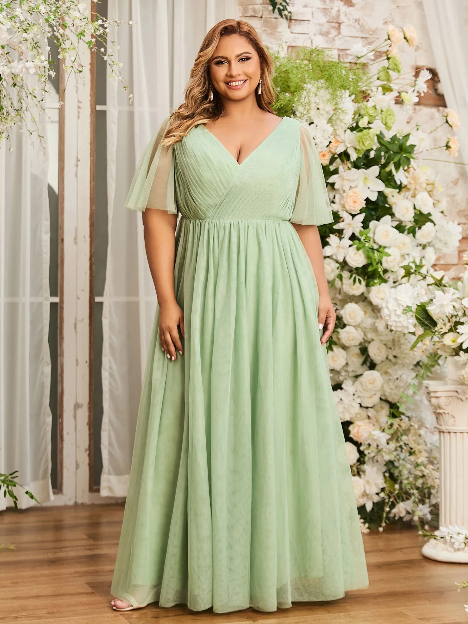 A-line V-neck Tulle Max Dresses with Deep-V Back-Dusty Sage Plus Size