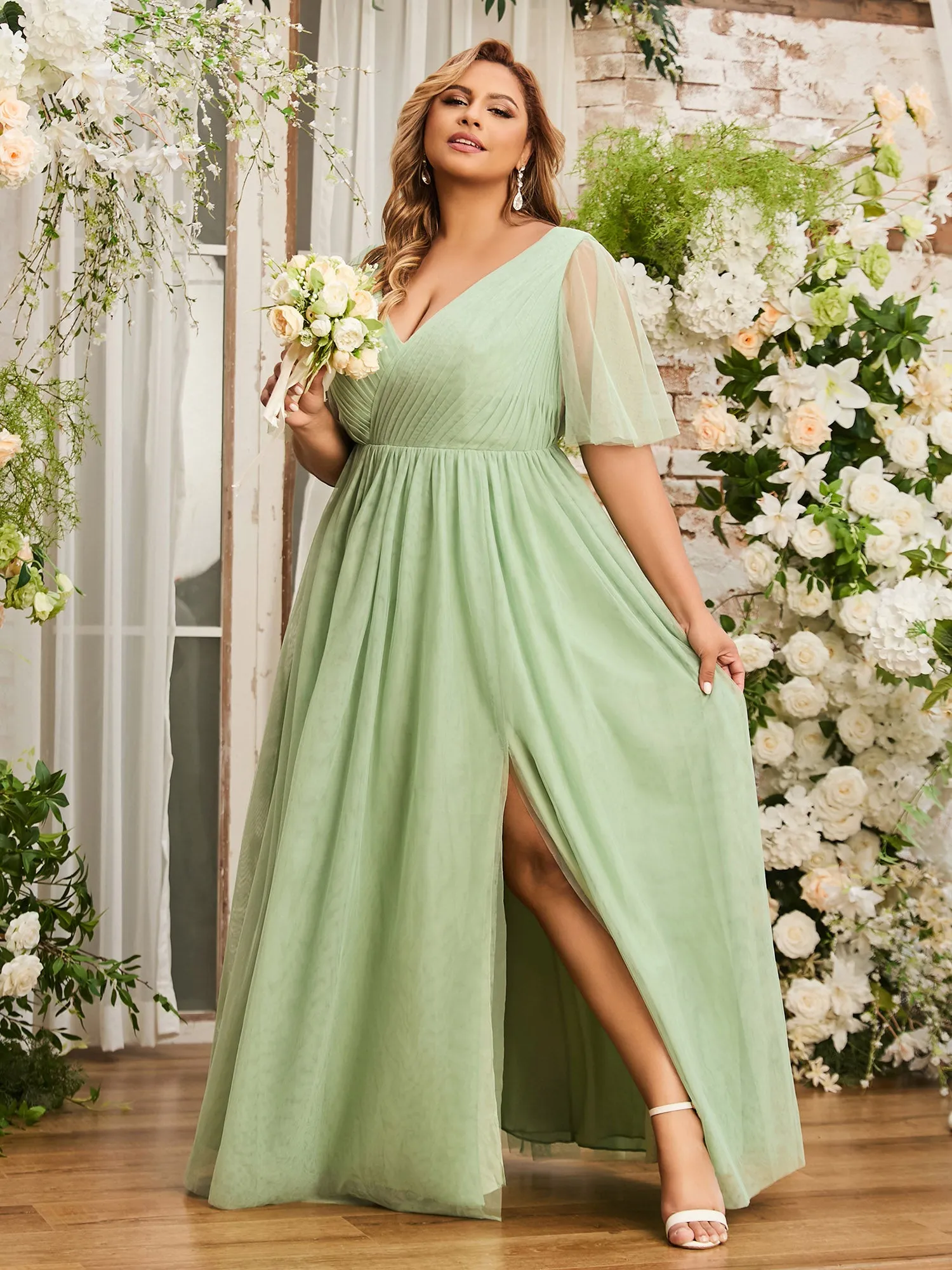 A-line V-neck Tulle Max Dresses with Deep-V Back-Dusty Sage Plus Size