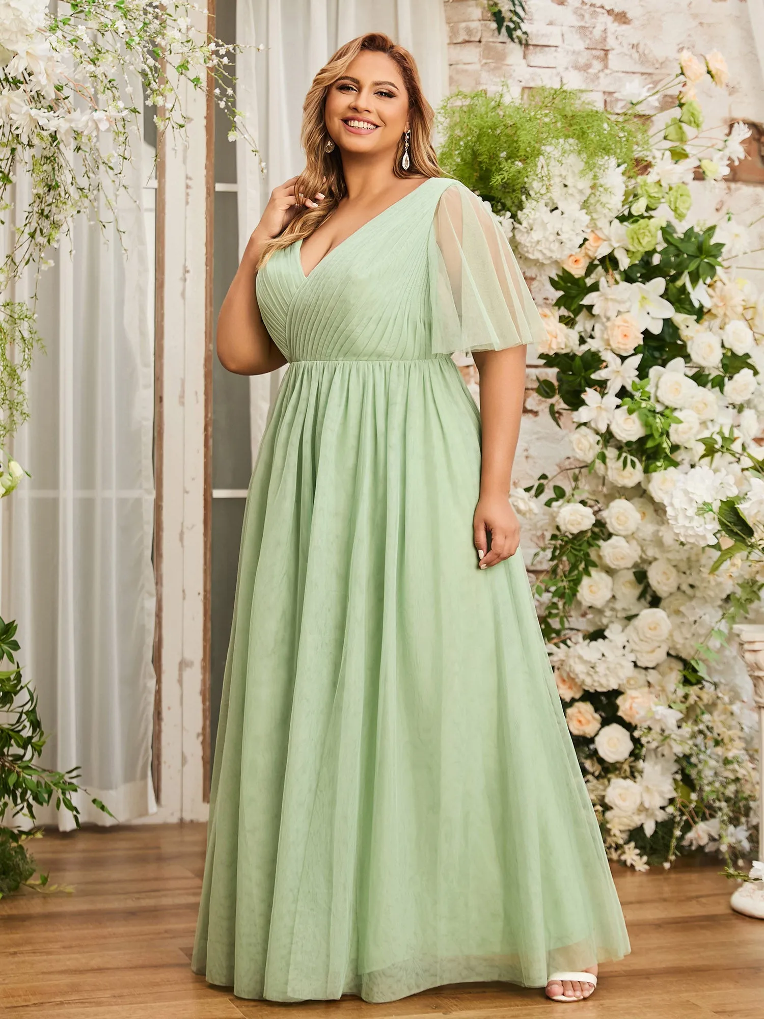 A-line V-neck Tulle Max Dresses with Deep-V Back-Dusty Sage Plus Size