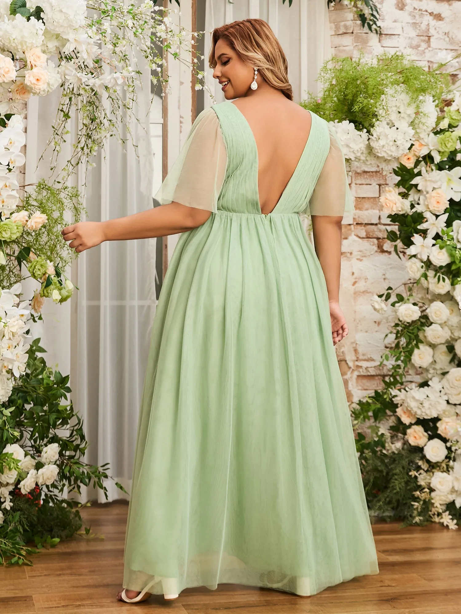 A-line V-neck Tulle Max Dresses with Deep-V Back-Dusty Sage Plus Size