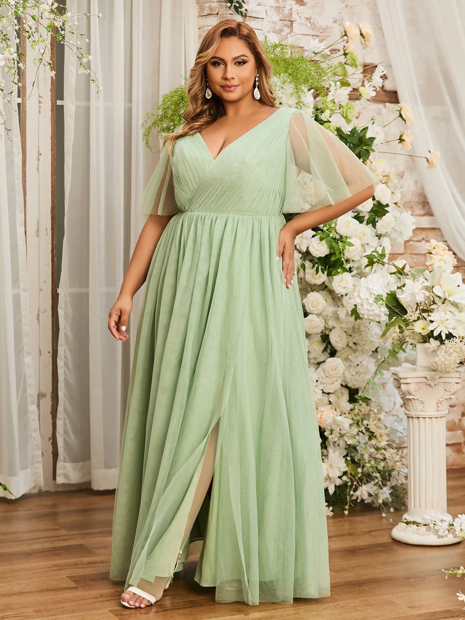 A-line V-neck Tulle Max Dresses with Deep-V Back-Dusty Sage Plus Size