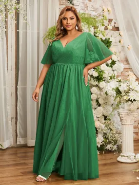 A-line V-neck Tulle Max Dresses with Deep-V Back-Emerald Plus Size