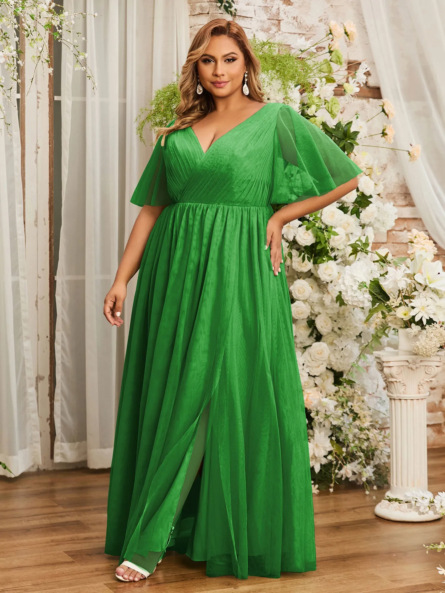 A-line V-neck Tulle Max Dresses with Deep-V Back-Green Plus Size