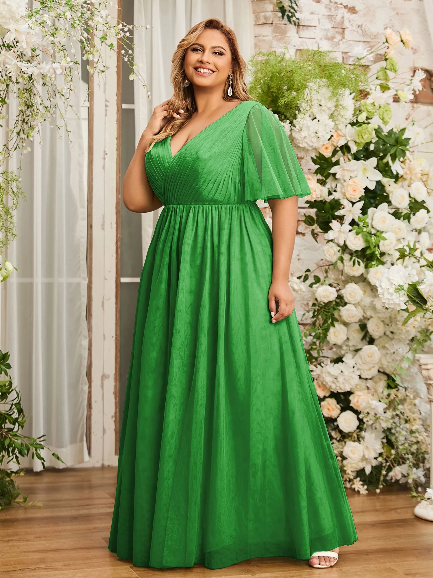 A-line V-neck Tulle Max Dresses with Deep-V Back-Green Plus Size