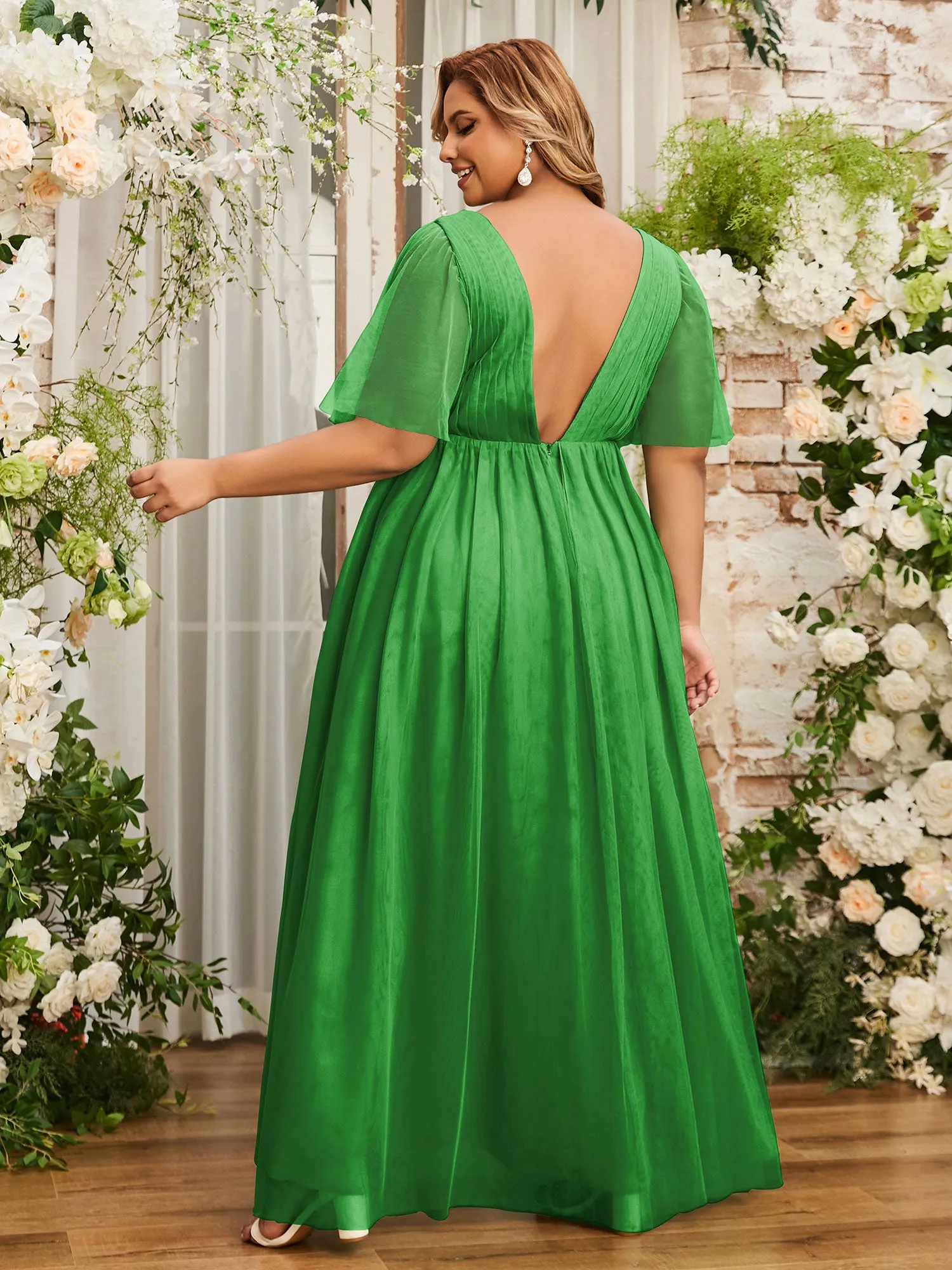 A-line V-neck Tulle Max Dresses with Deep-V Back-Green Plus Size