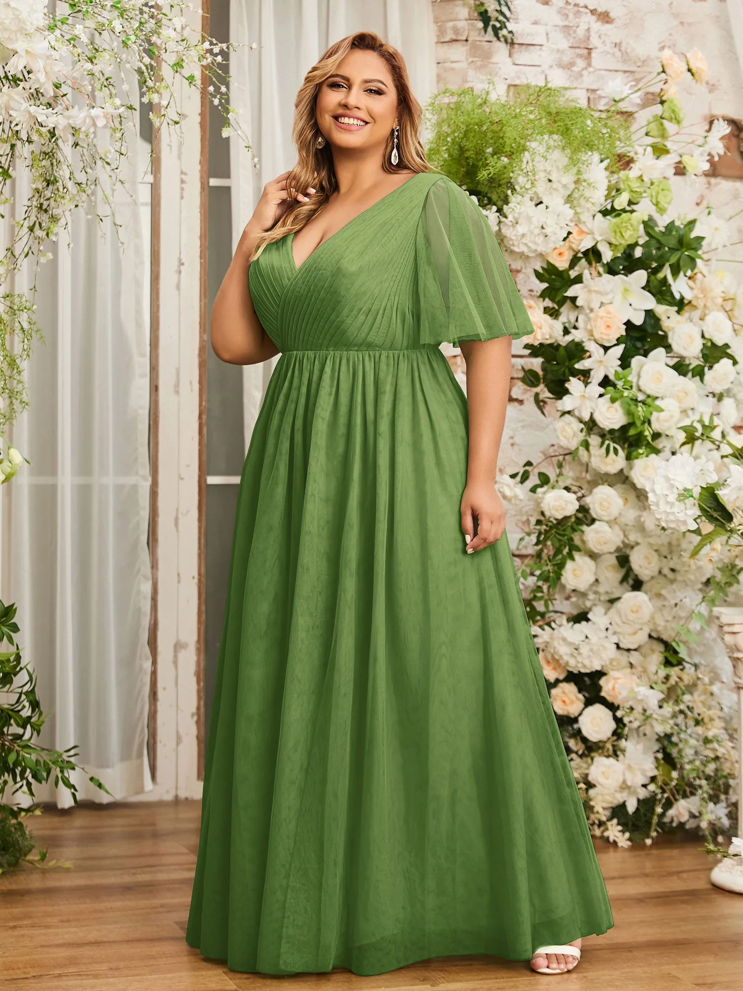 A-line V-neck Tulle Max Dresses with Deep-V Back-Moss Plus Size