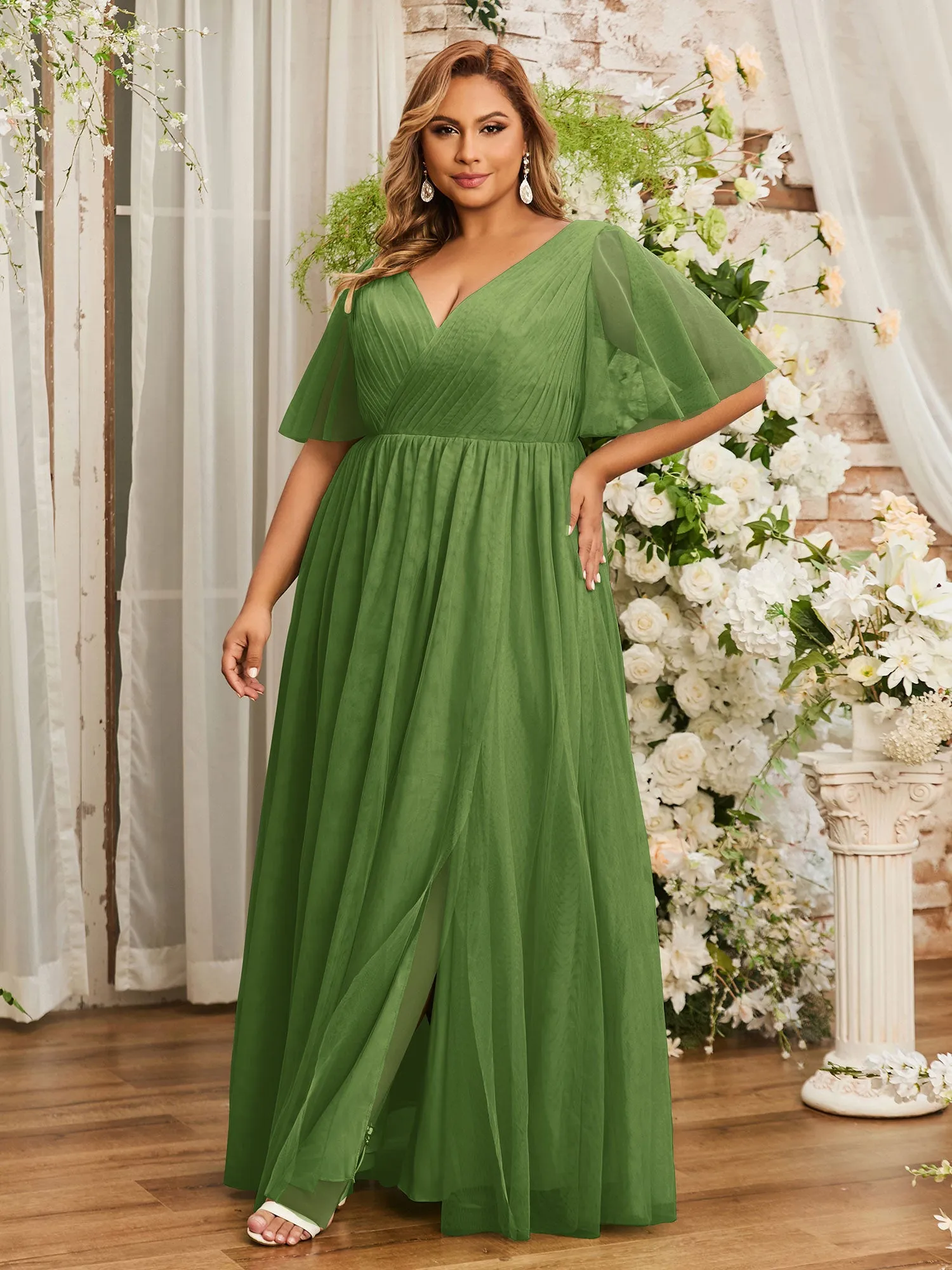 A-line V-neck Tulle Max Dresses with Deep-V Back-Moss Plus Size