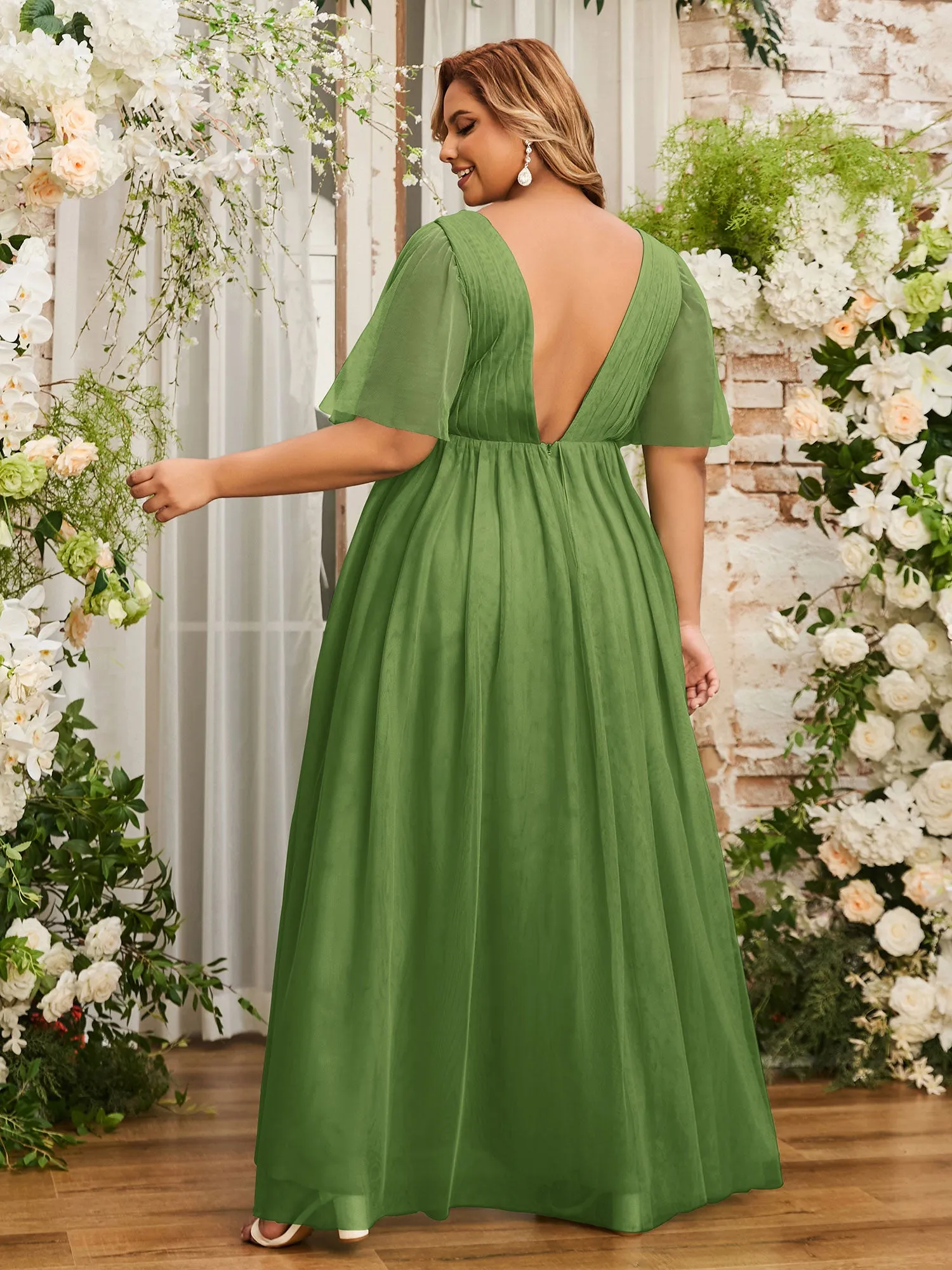 A-line V-neck Tulle Max Dresses with Deep-V Back-Moss Plus Size