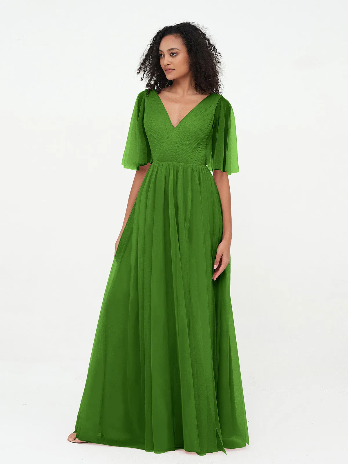 A-line V-neck Tulle Max Dresses with Deep-V Back-Moss