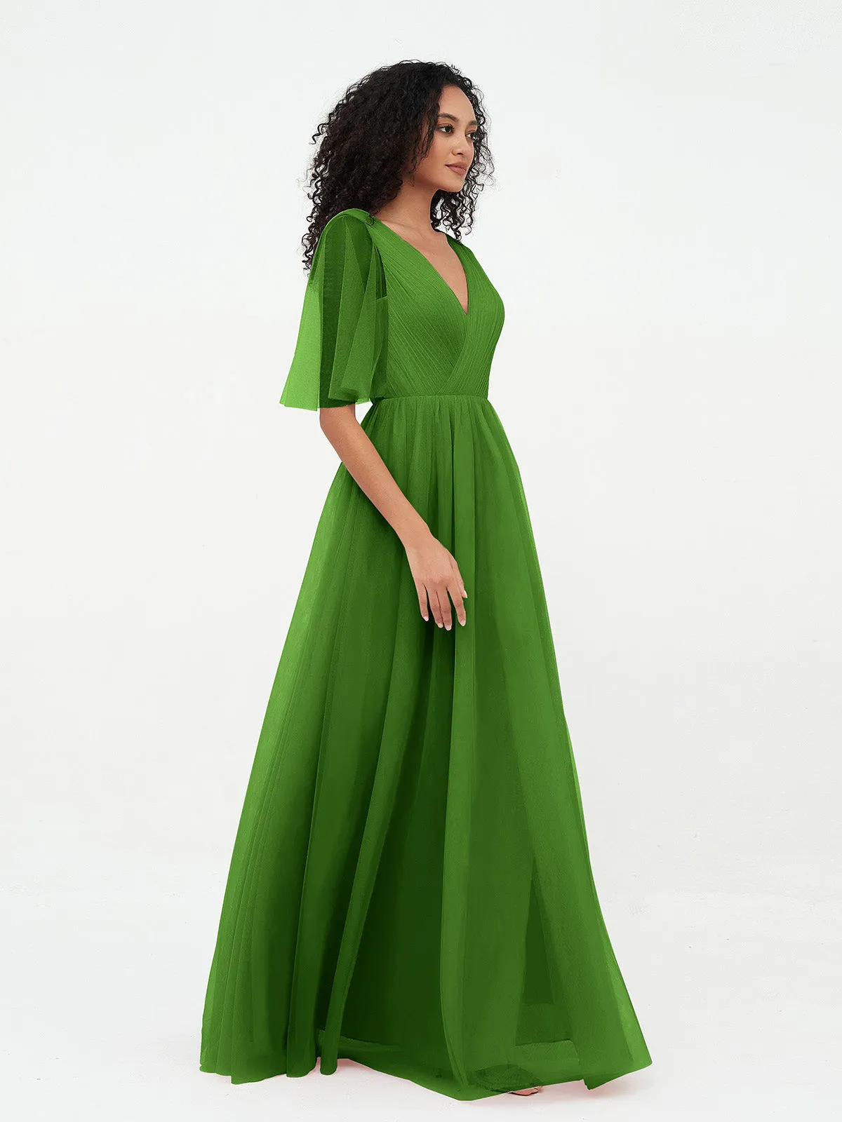 A-line V-neck Tulle Max Dresses with Deep-V Back-Moss