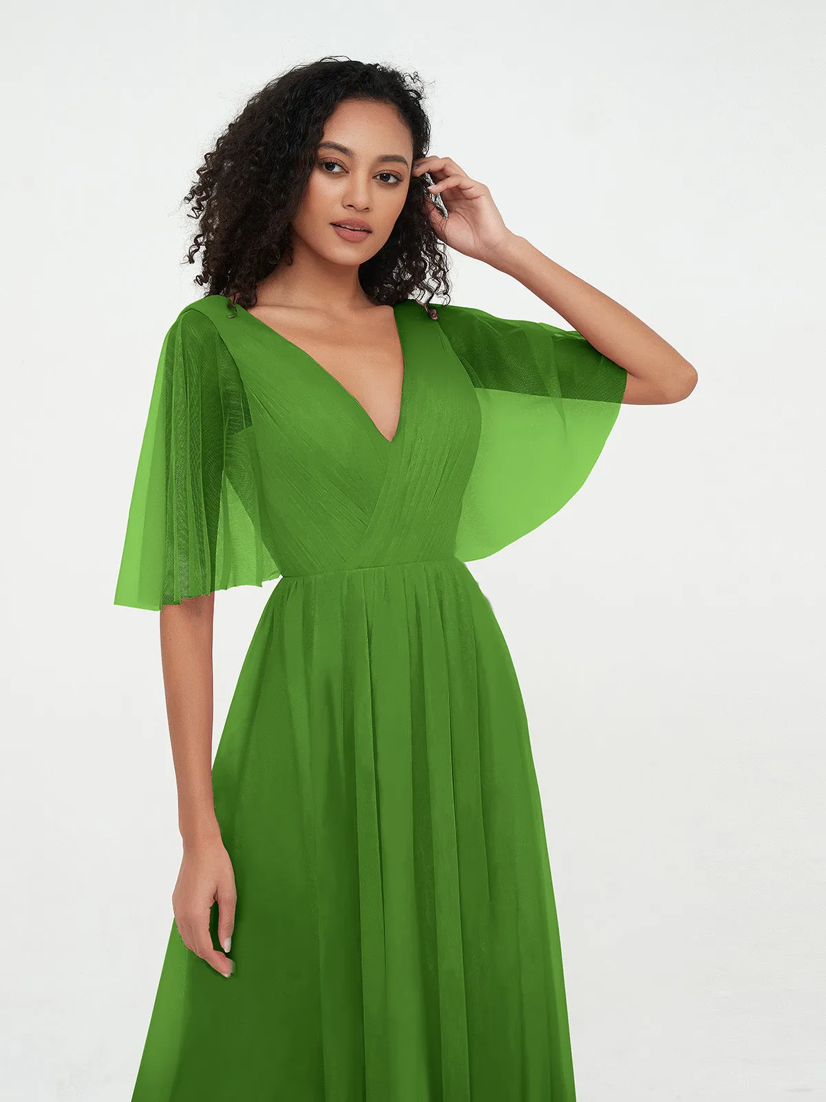 A-line V-neck Tulle Max Dresses with Deep-V Back-Moss