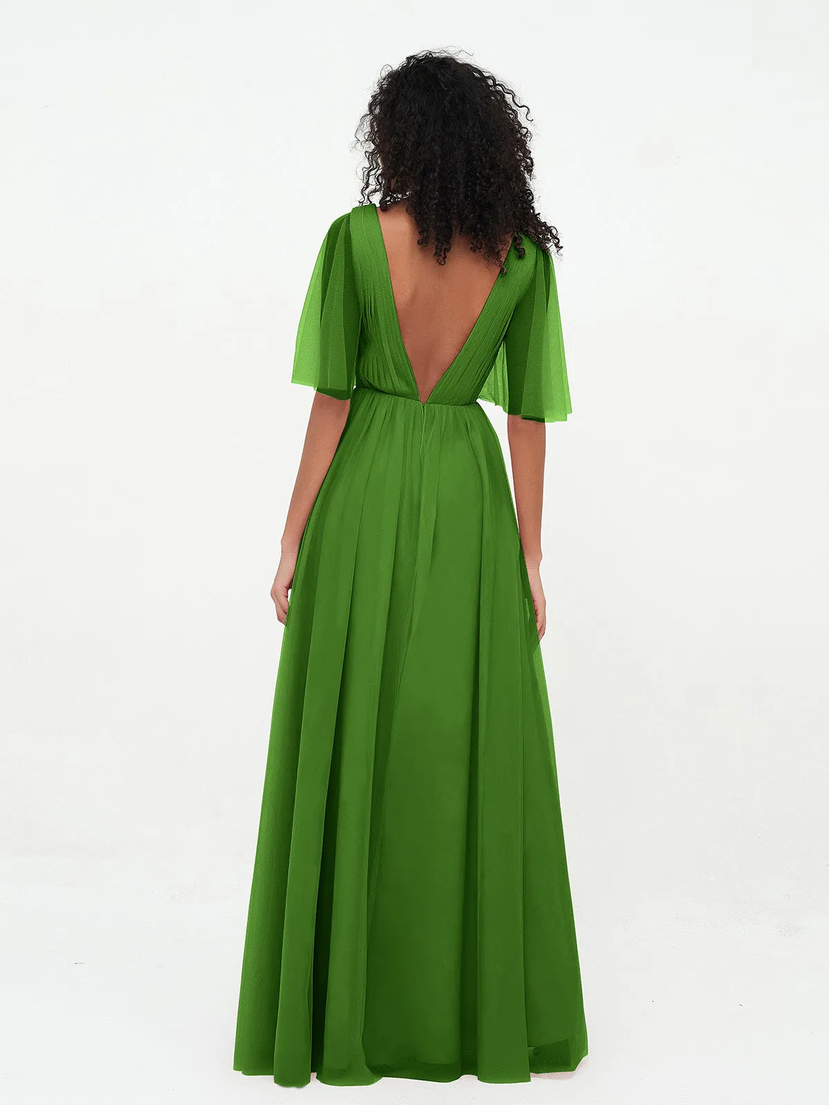 A-line V-neck Tulle Max Dresses with Deep-V Back-Moss