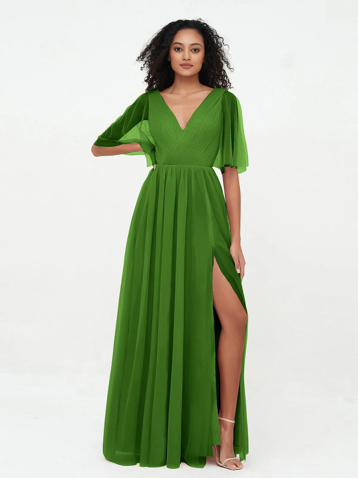 A-line V-neck Tulle Max Dresses with Deep-V Back-Moss