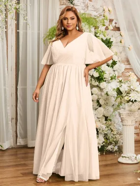 A-line V-neck Tulle Max Dresses with Deep-V Back-Peach Plus Size