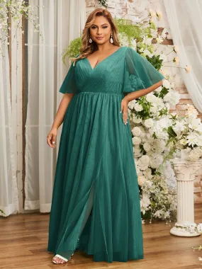 A-line V-neck Tulle Max Dresses with Deep-V Back-Peacock Plus Size