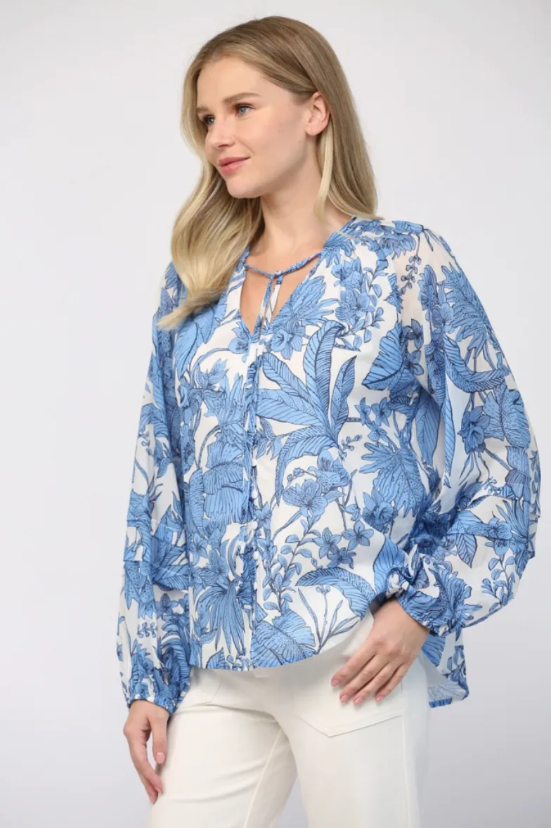 Blue & White Tropical Cotton Blouse