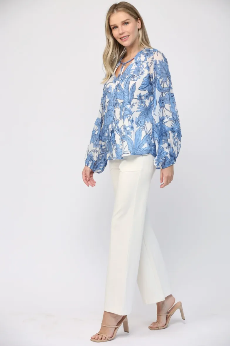 Blue & White Tropical Cotton Blouse