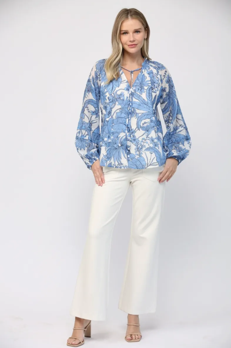 Blue & White Tropical Cotton Blouse