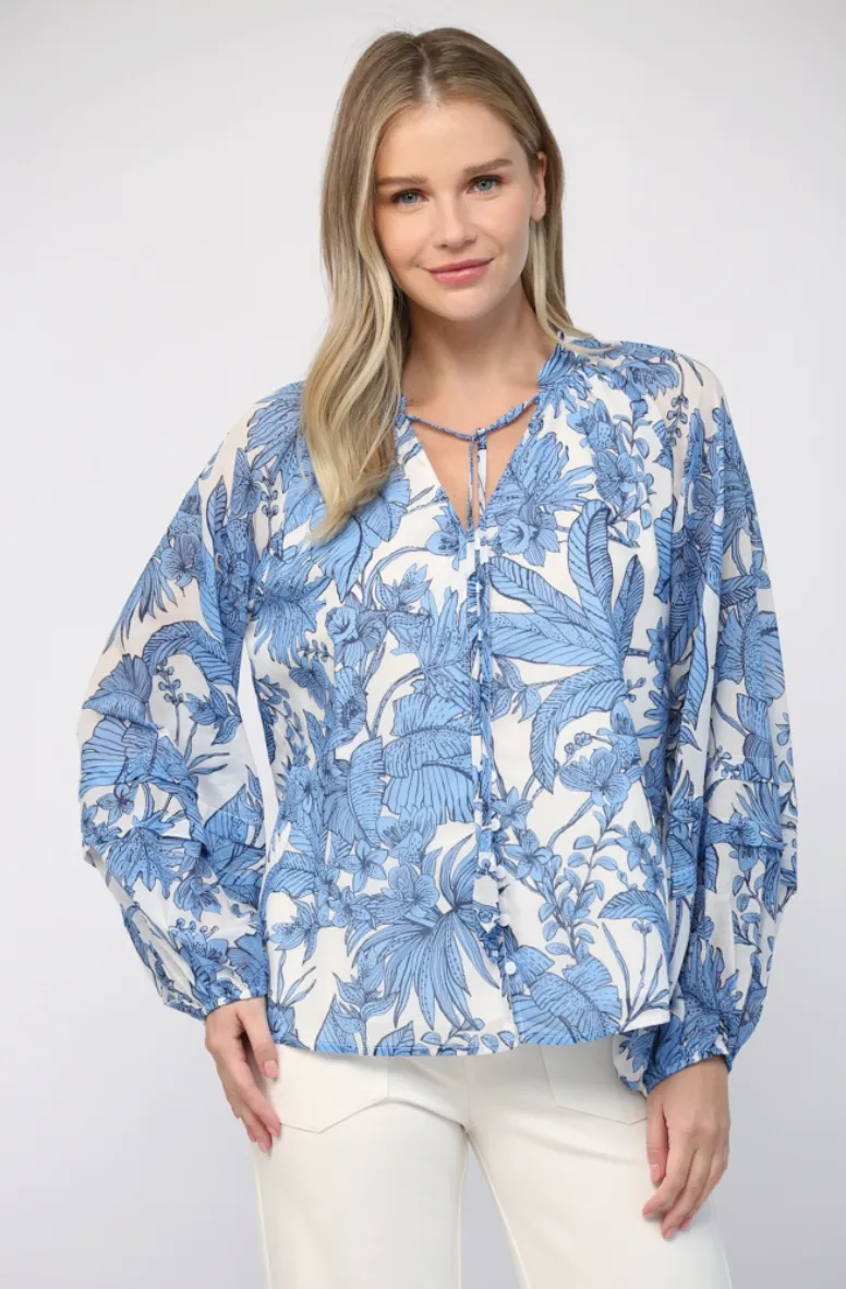 Blue & White Tropical Cotton Blouse