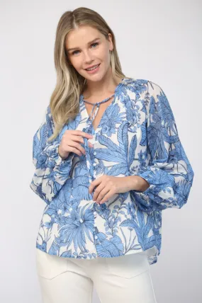 Blue & White Tropical Cotton Blouse