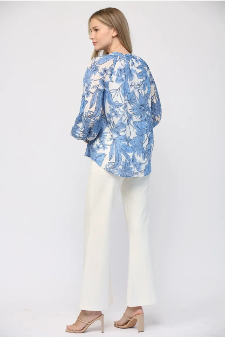 Blue & White Tropical Cotton Blouse