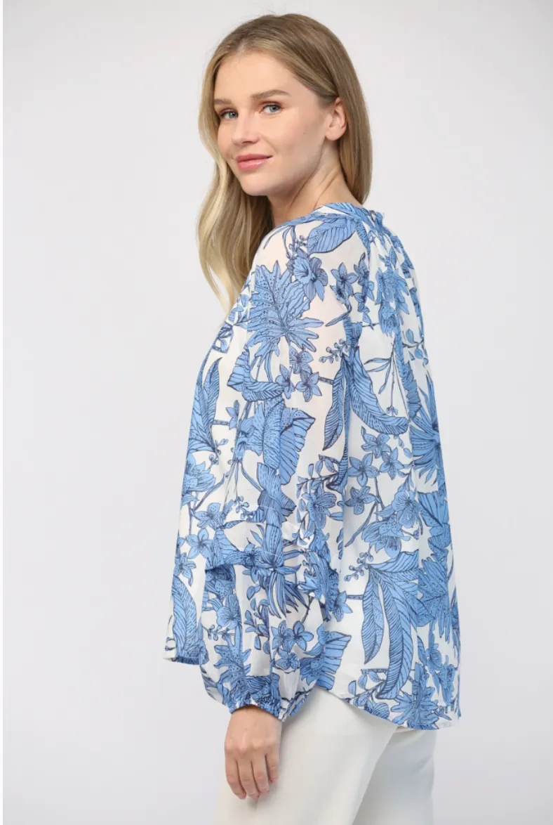 Blue & White Tropical Cotton Blouse