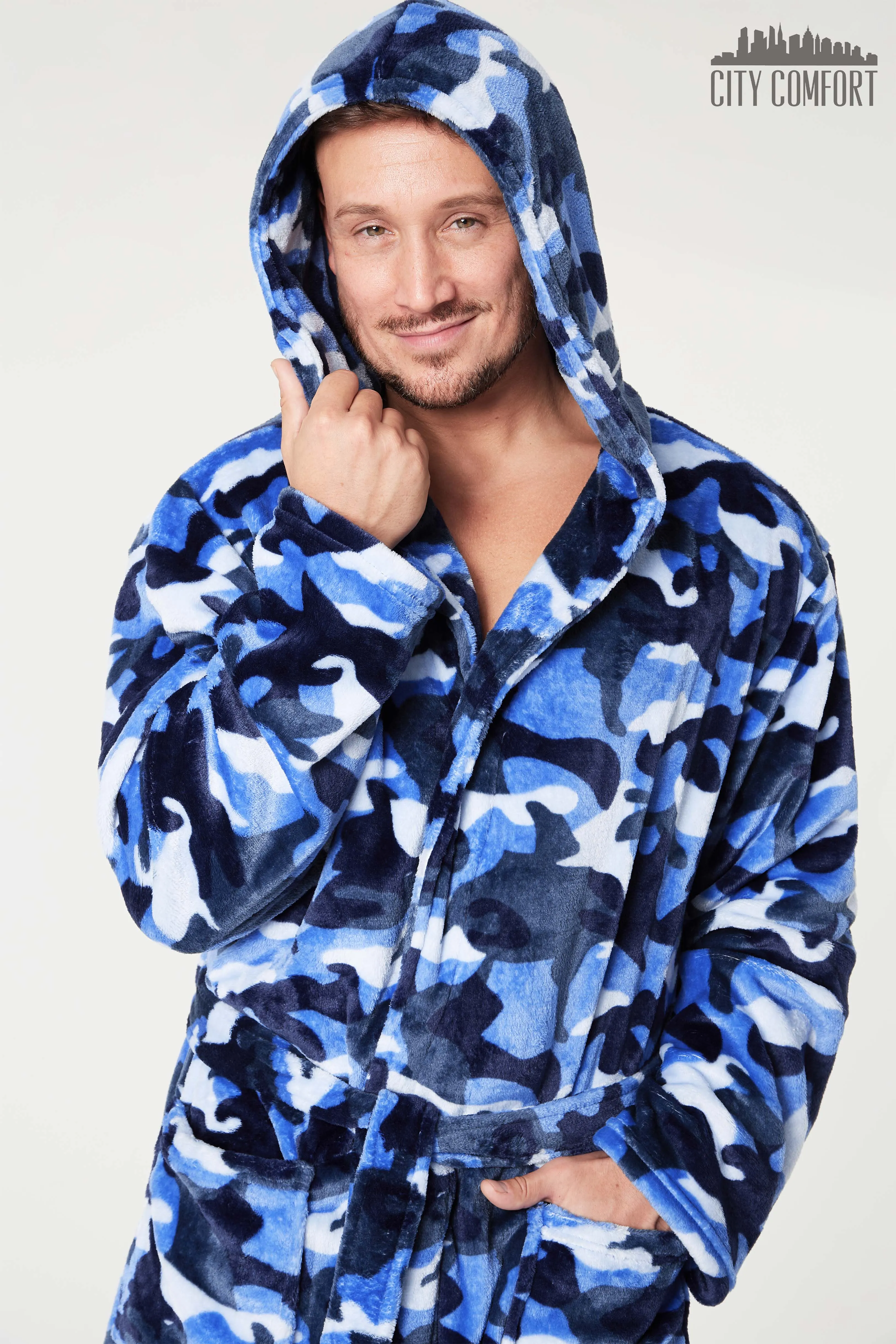 CityComfort Dressing Gown for Men, Mens Dressing Gowns with Blue Camouflage Print