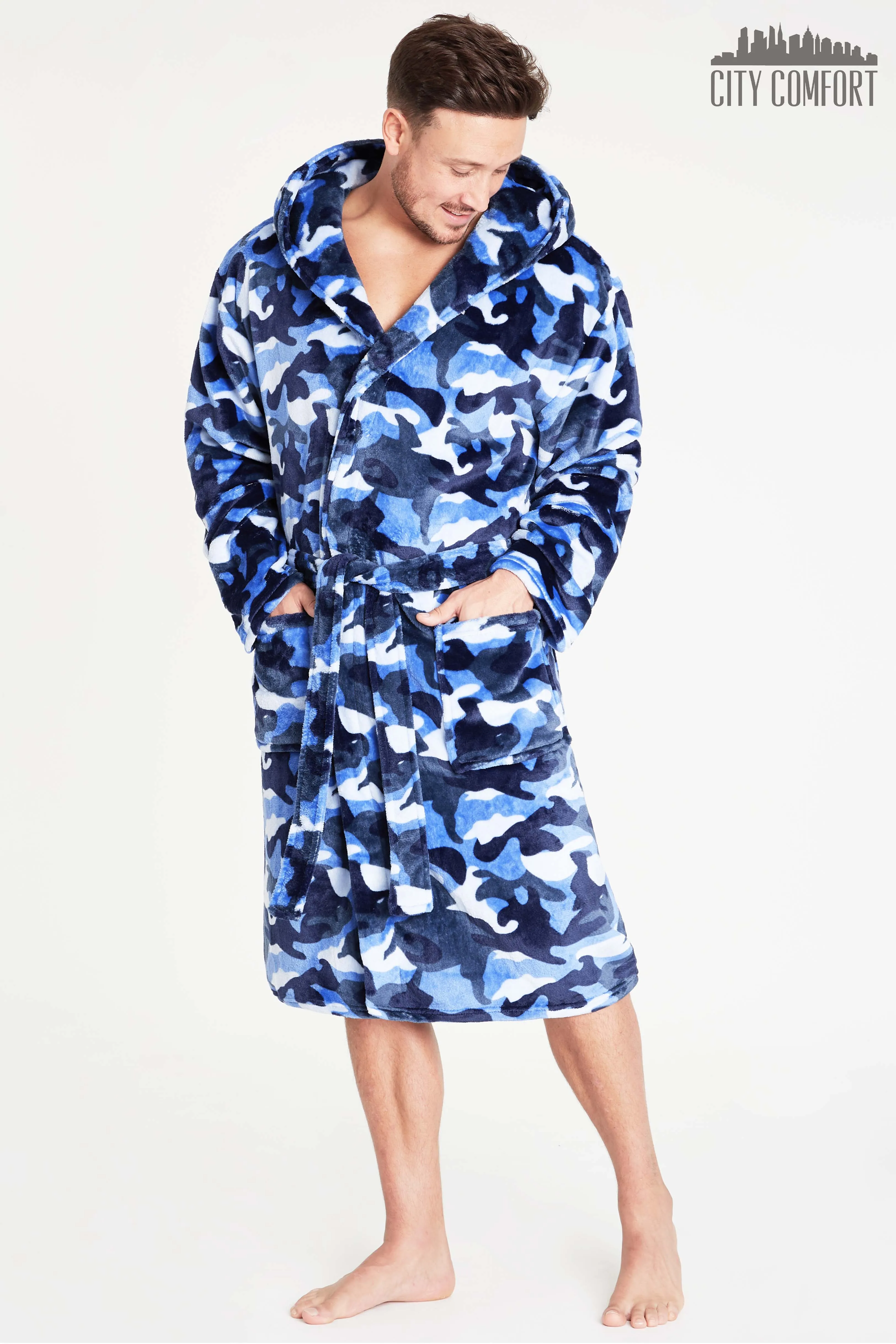 CityComfort Dressing Gown for Men, Mens Dressing Gowns with Blue Camouflage Print