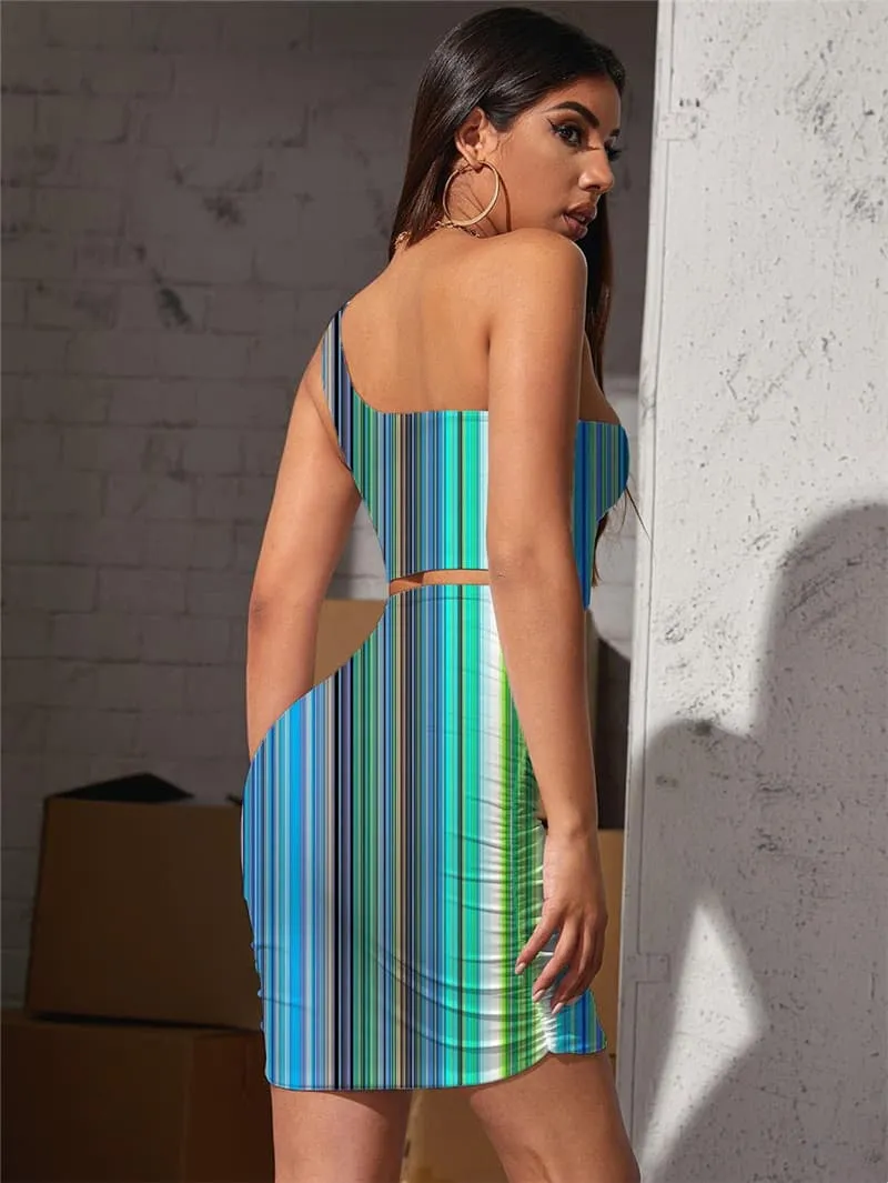 Colorful Dresses Women Gradient Bodycon Dress Stripe Hollow out Dresses Rainbow 3d Print