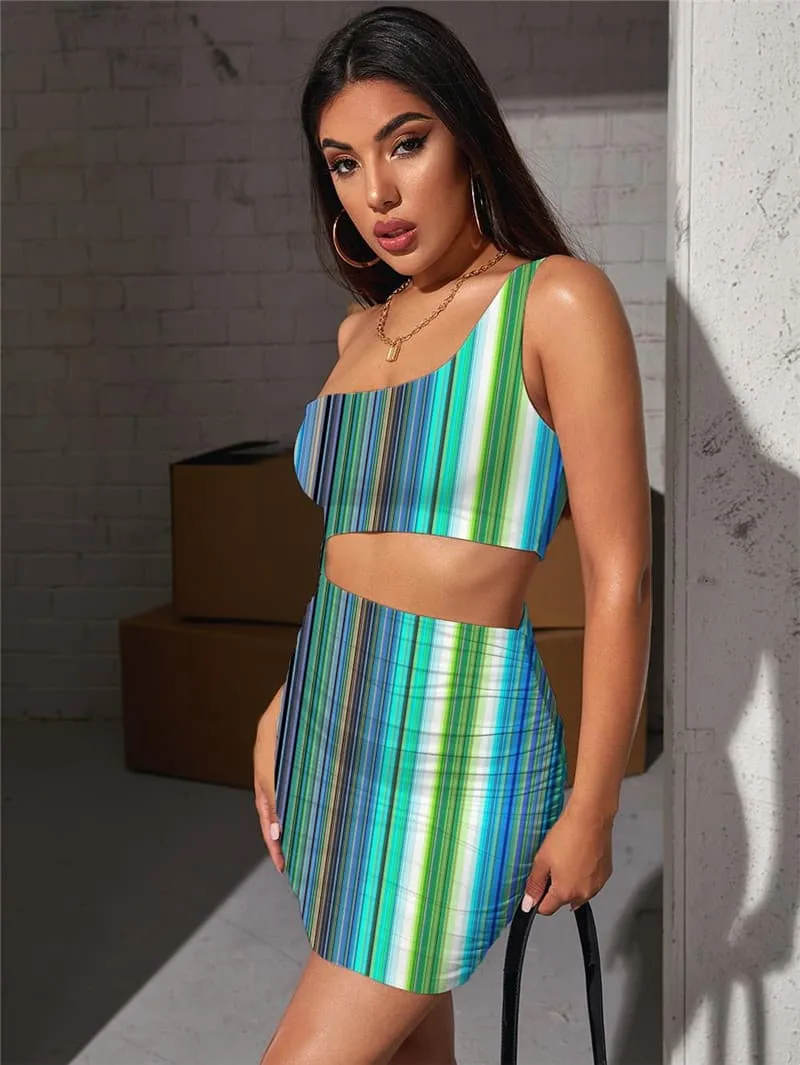 Colorful Dresses Women Gradient Bodycon Dress Stripe Hollow out Dresses Rainbow 3d Print