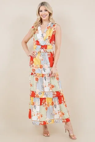 Colorful Patchwork Cinched Waist Maxi