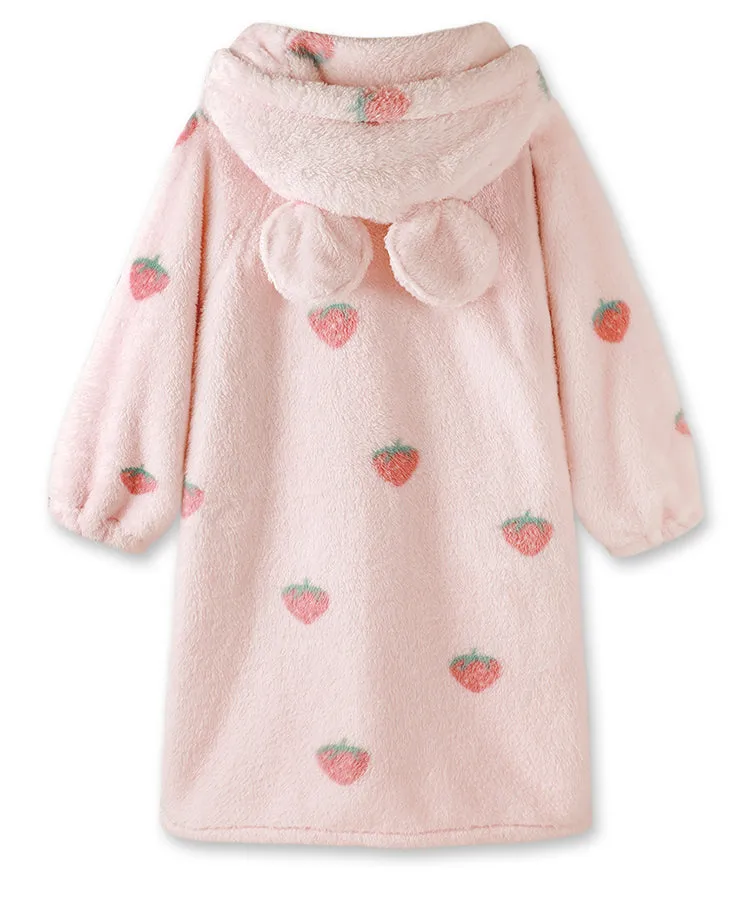 Coral Fleece Strawberry Soft Pink White Pajama Sleepwear