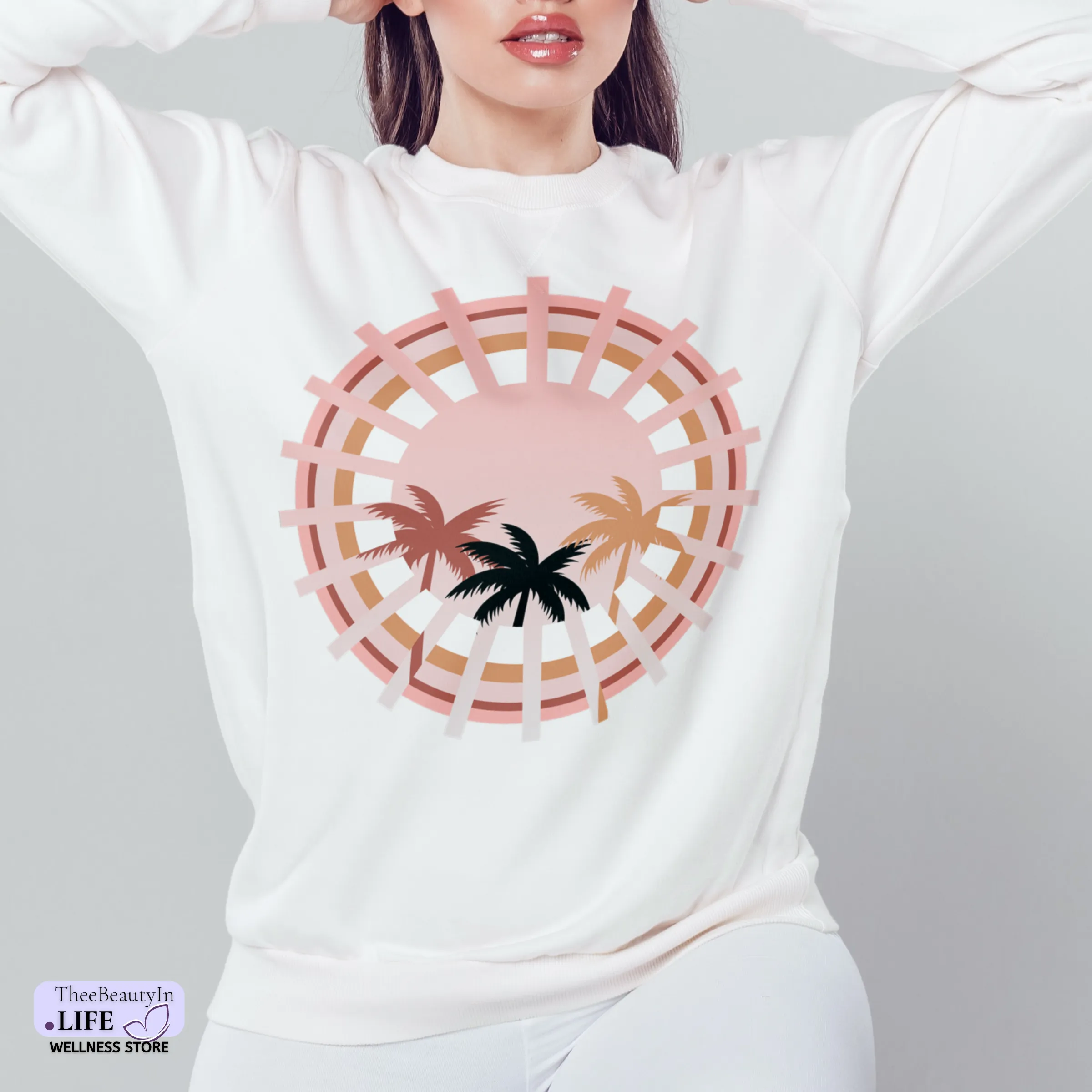 Crewneck Sweatshirt - Sunset Palms | Celestial Tropical Beach Shirt | Gift for Women that Travel | Comfy Sweater with Warm Summer Aesthetic | Hawaiian Palm Tree Print