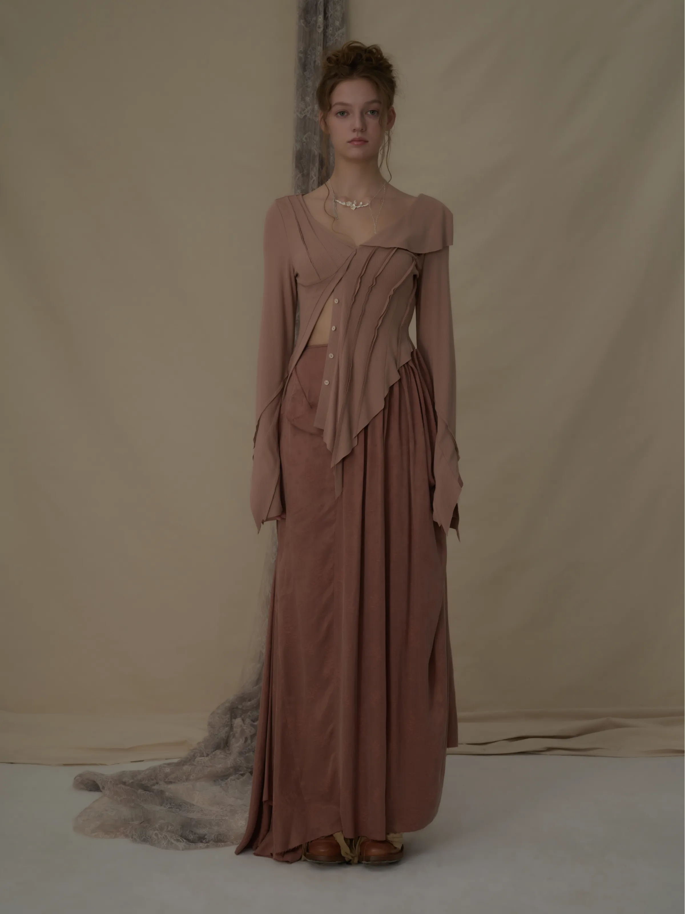 Flesh Folded Pleated Mid-Length Skirt