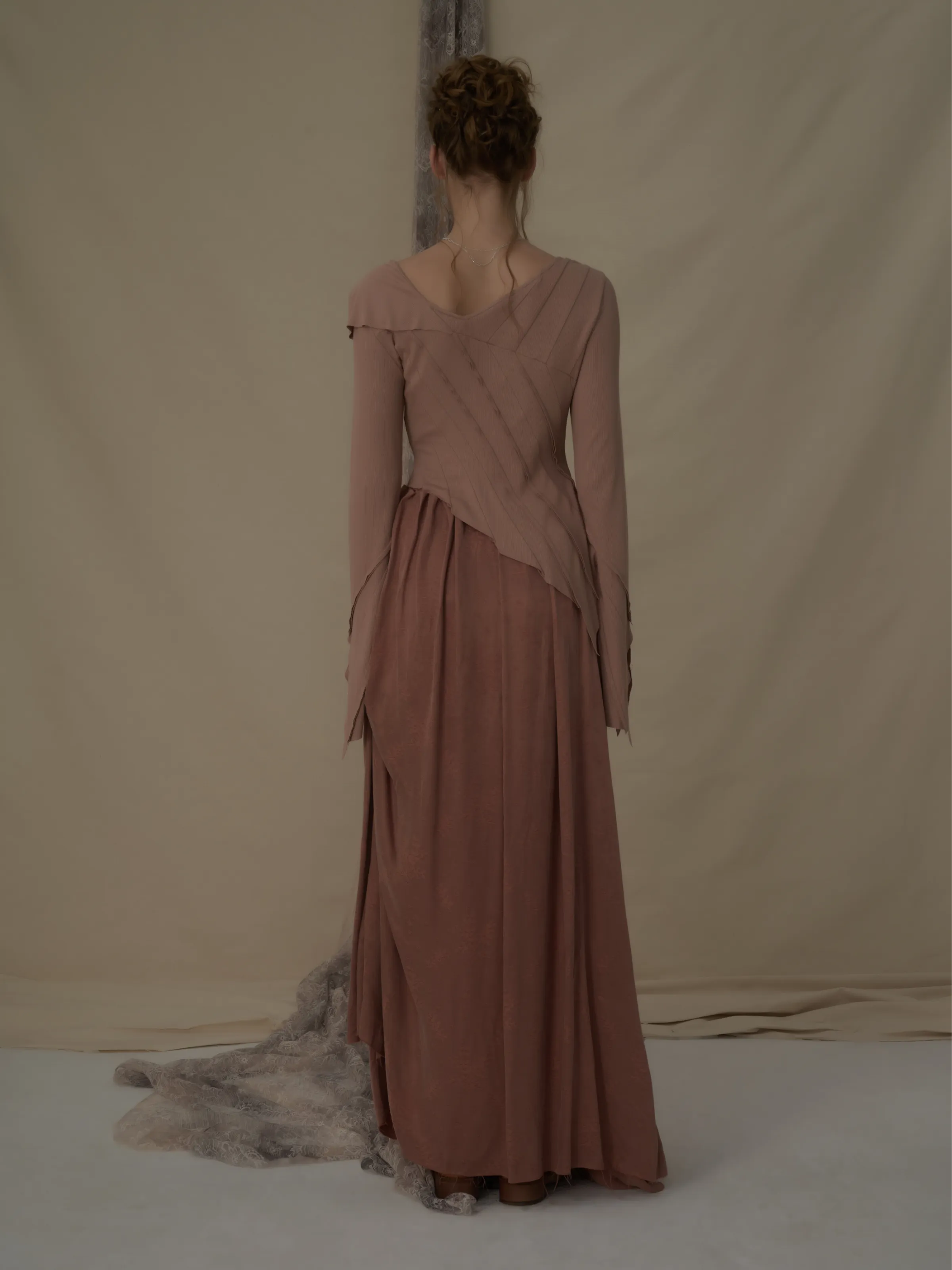 Flesh Folded Pleated Mid-Length Skirt