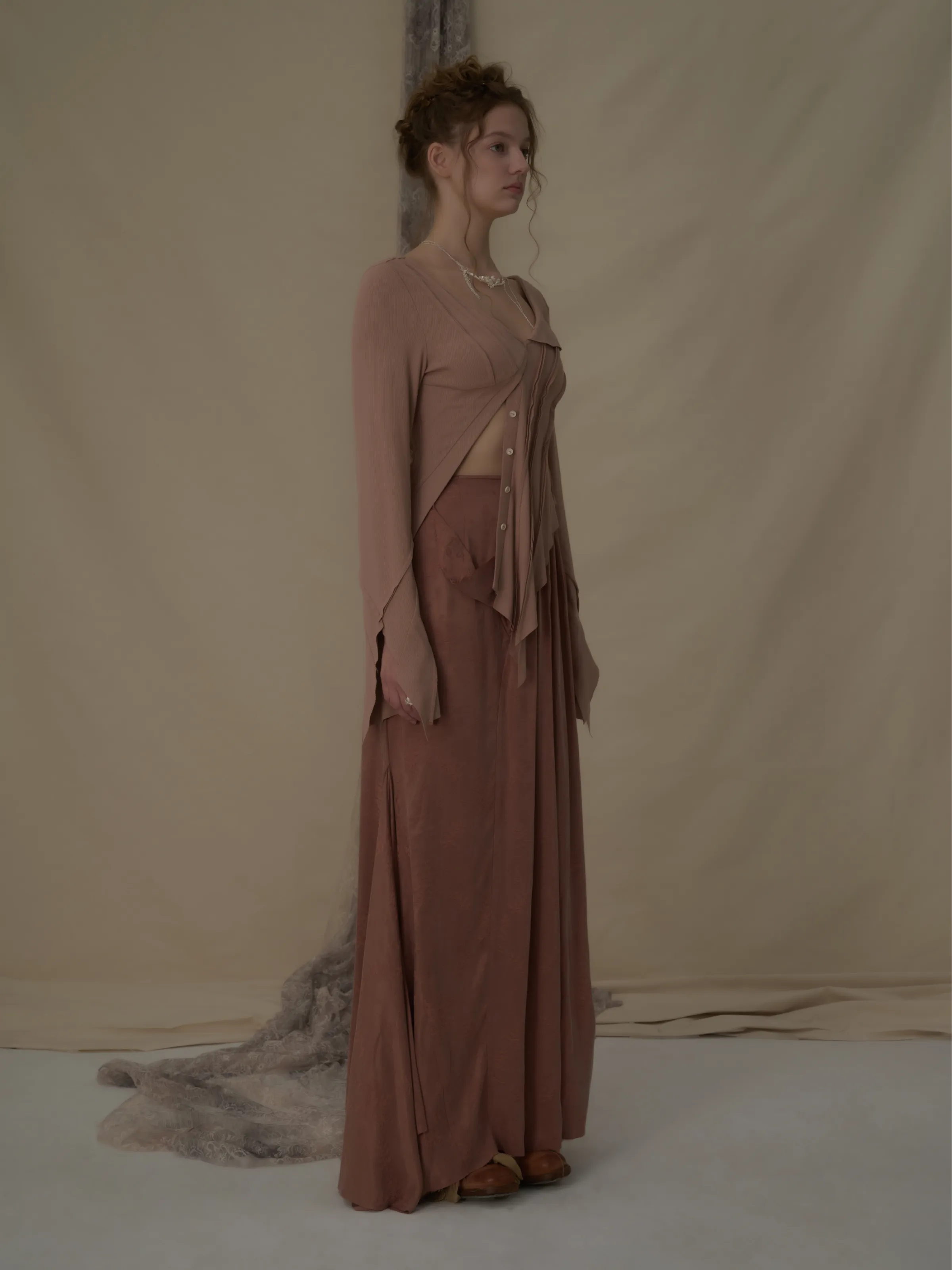 Flesh Folded Pleated Mid-Length Skirt