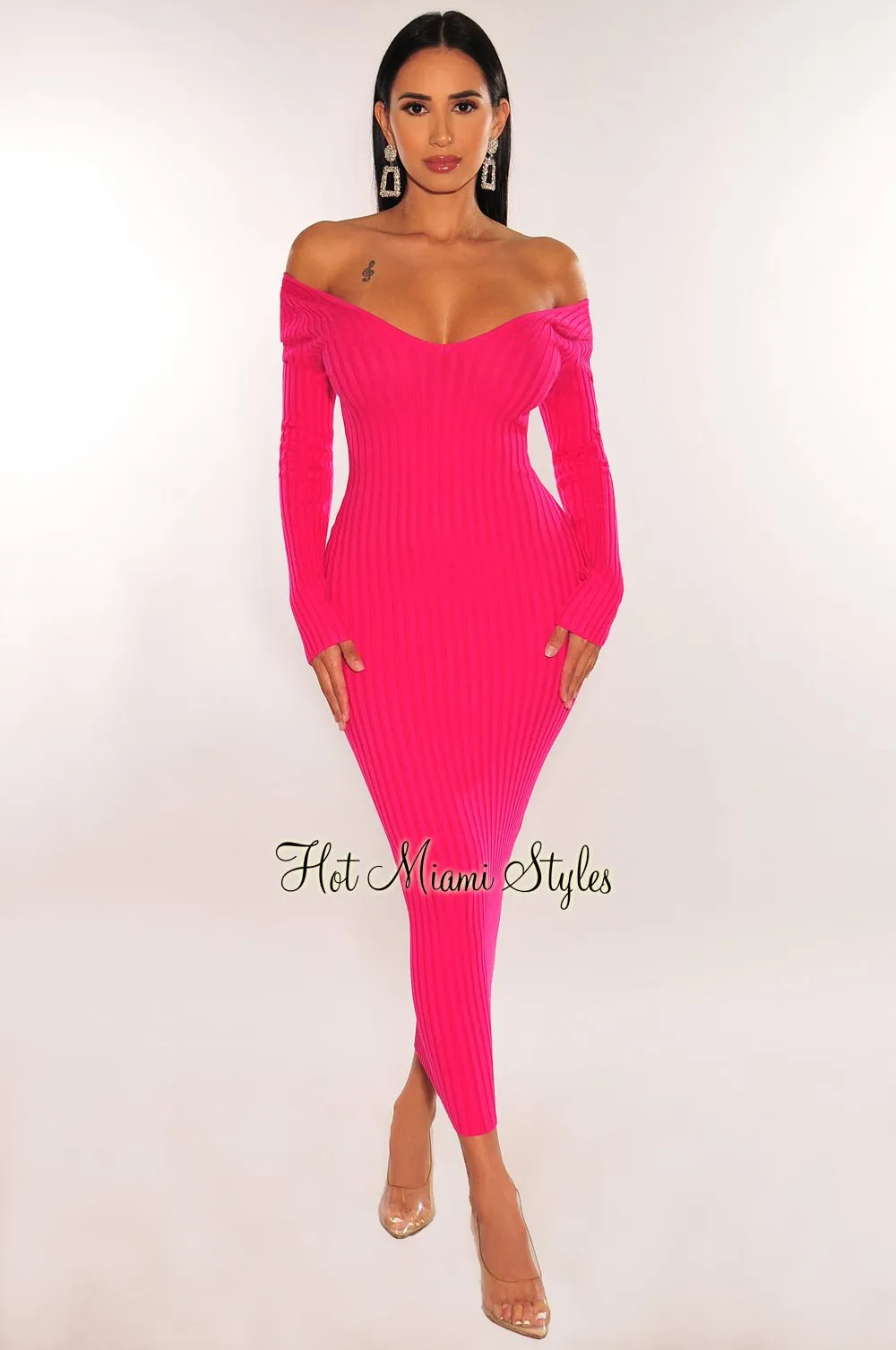 Fuchsia Ribbed Knit Long Sleeves Dress