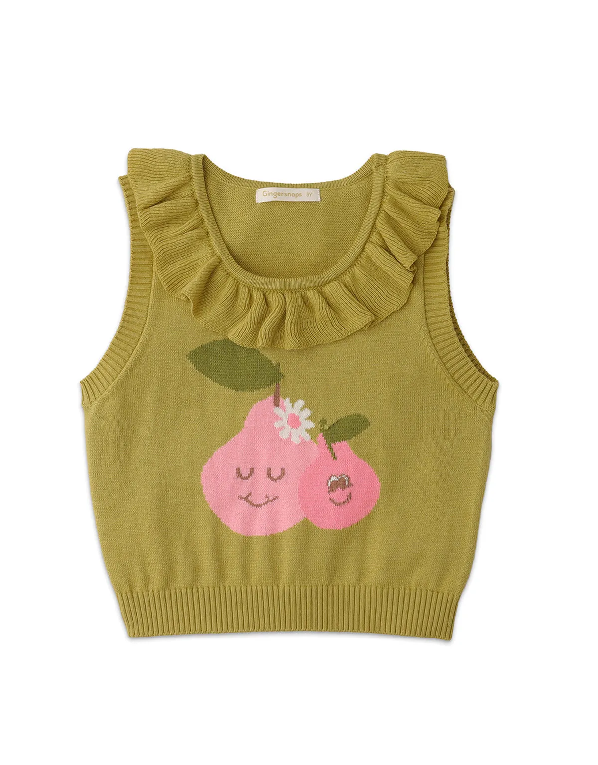 GIRLS PEAR INTARSIA SLEEVELESS TOP WITH RUFFLES