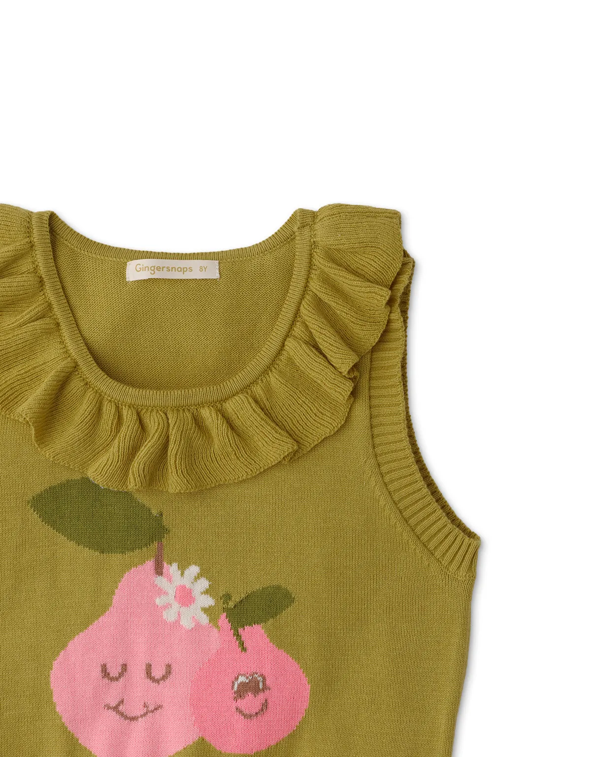 GIRLS PEAR INTARSIA SLEEVELESS TOP WITH RUFFLES