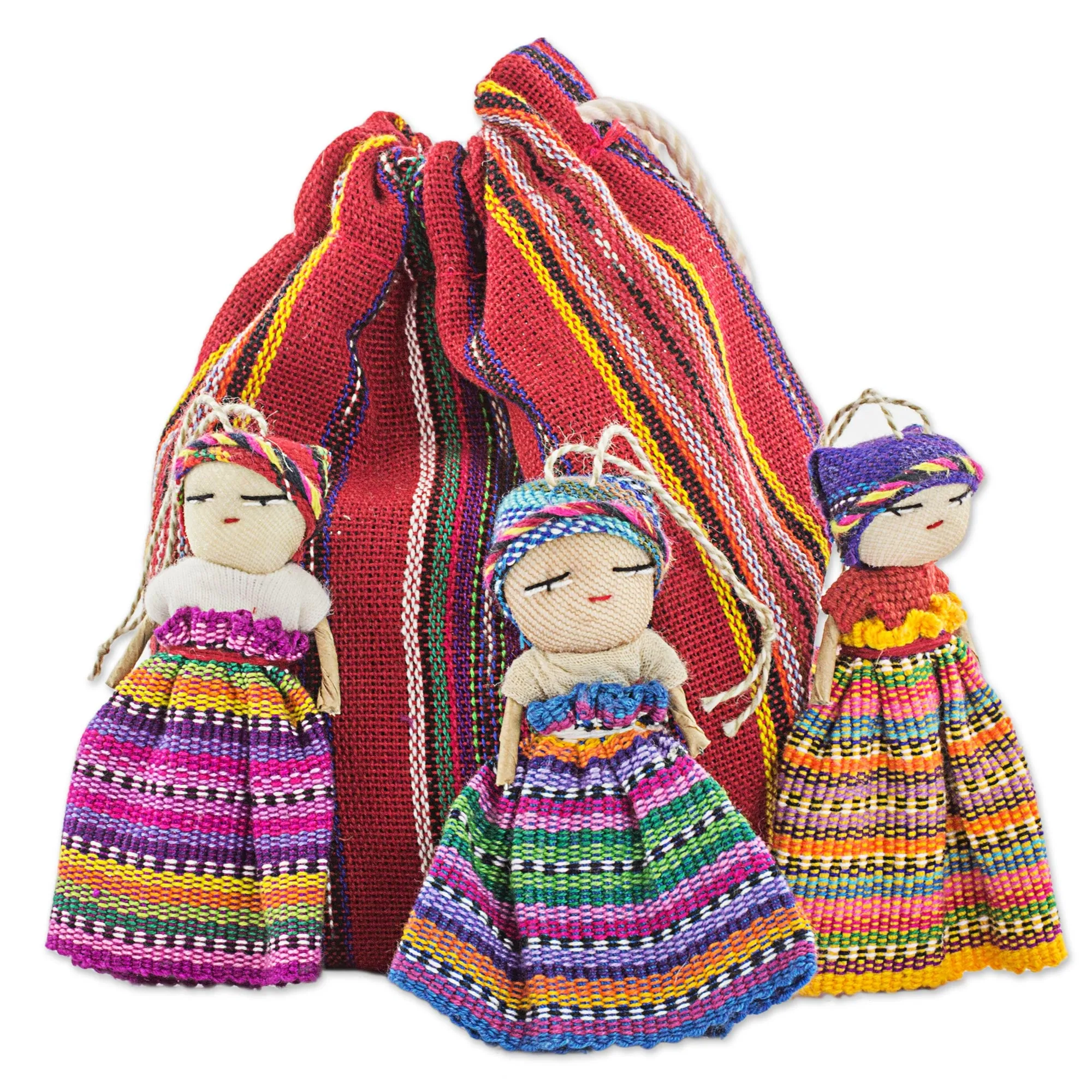 Hand Made Cotton Figurines and Bag (Set of 12) Guatemala - Worry Doll Dancers | NOVICA