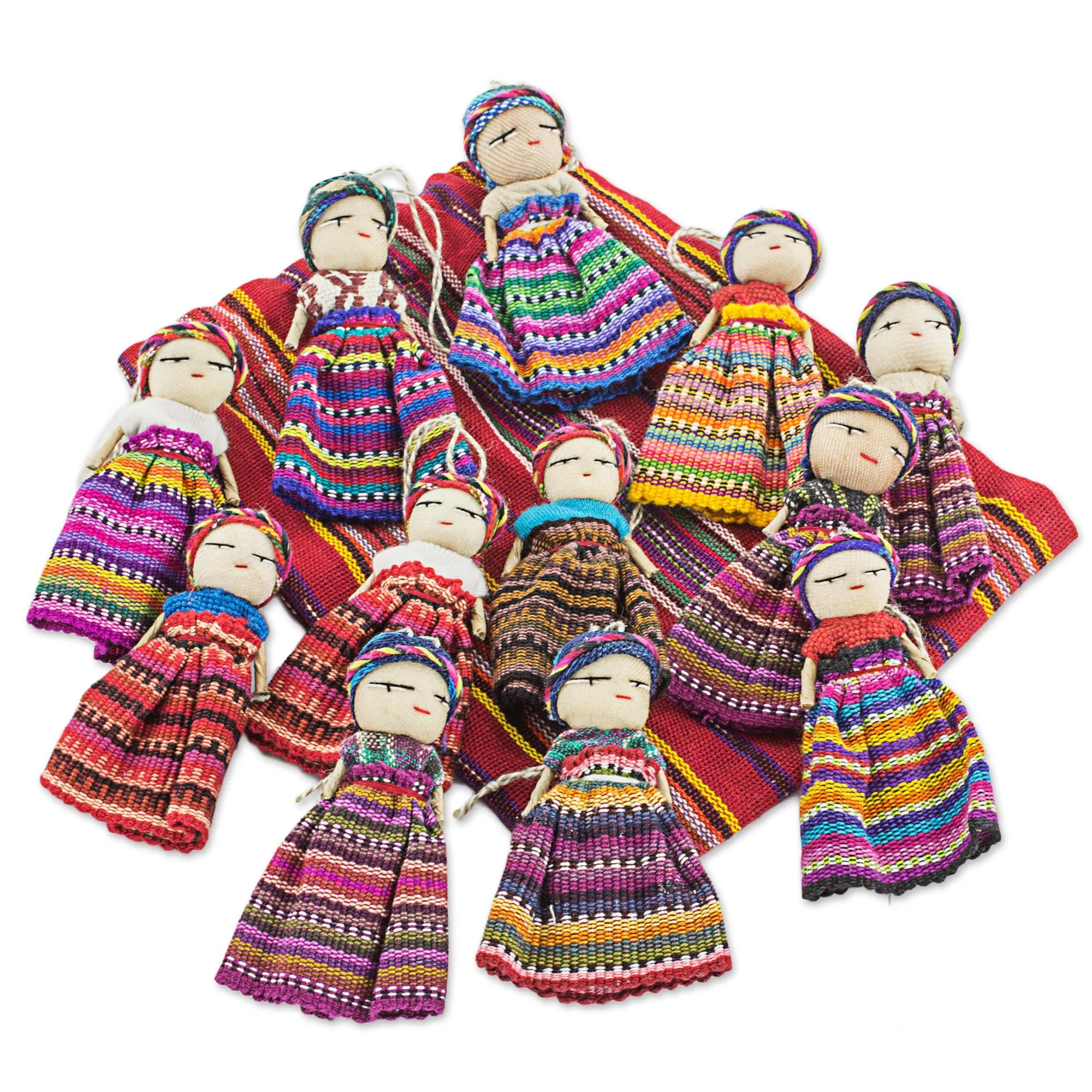 Hand Made Cotton Figurines and Bag (Set of 12) Guatemala - Worry Doll Dancers | NOVICA