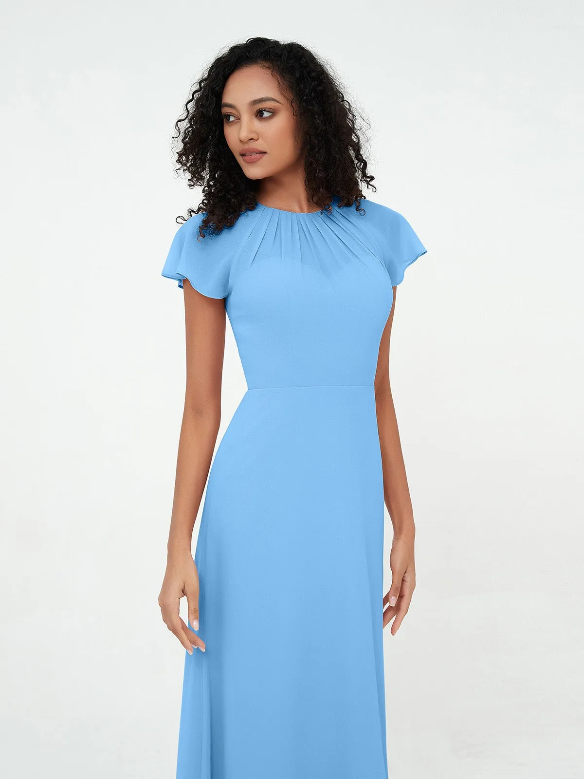 Illusion Neckline Chiffon Dresses with Cap Sleeves-Blue Plus Size