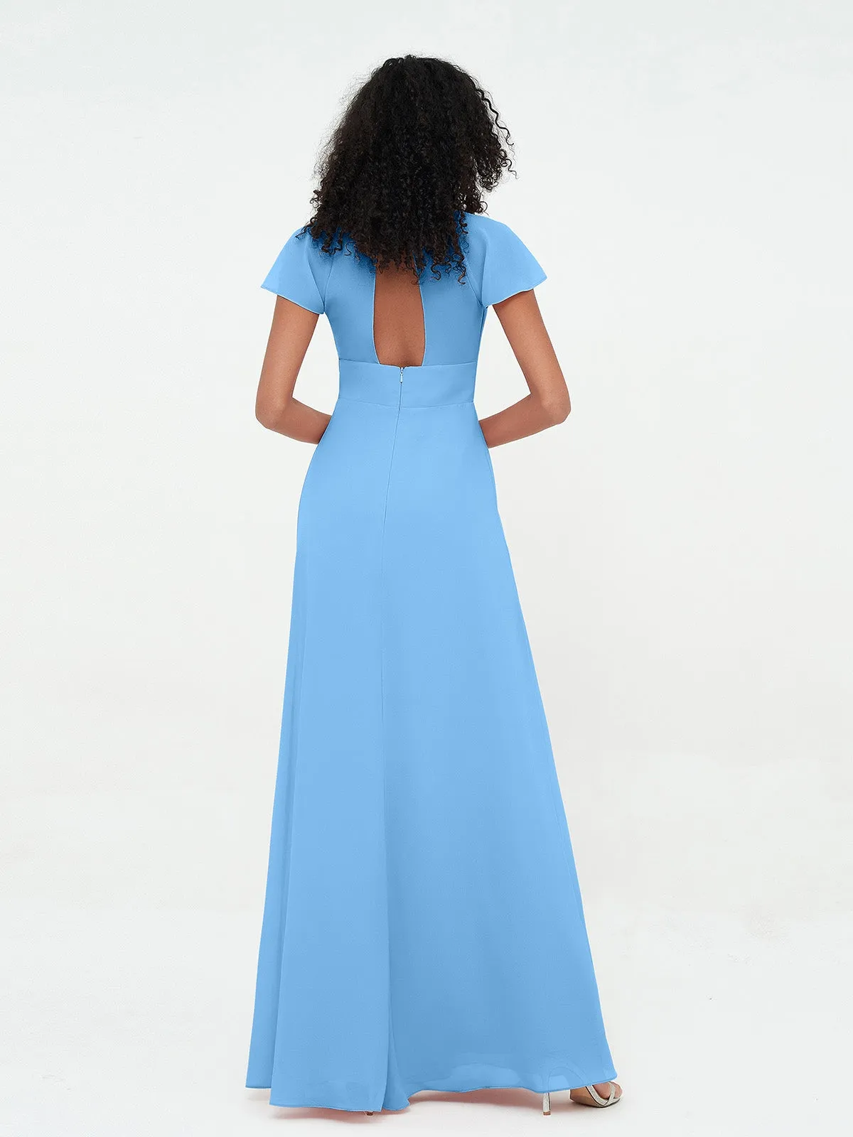 Illusion Neckline Chiffon Dresses with Cap Sleeves-Blue Plus Size