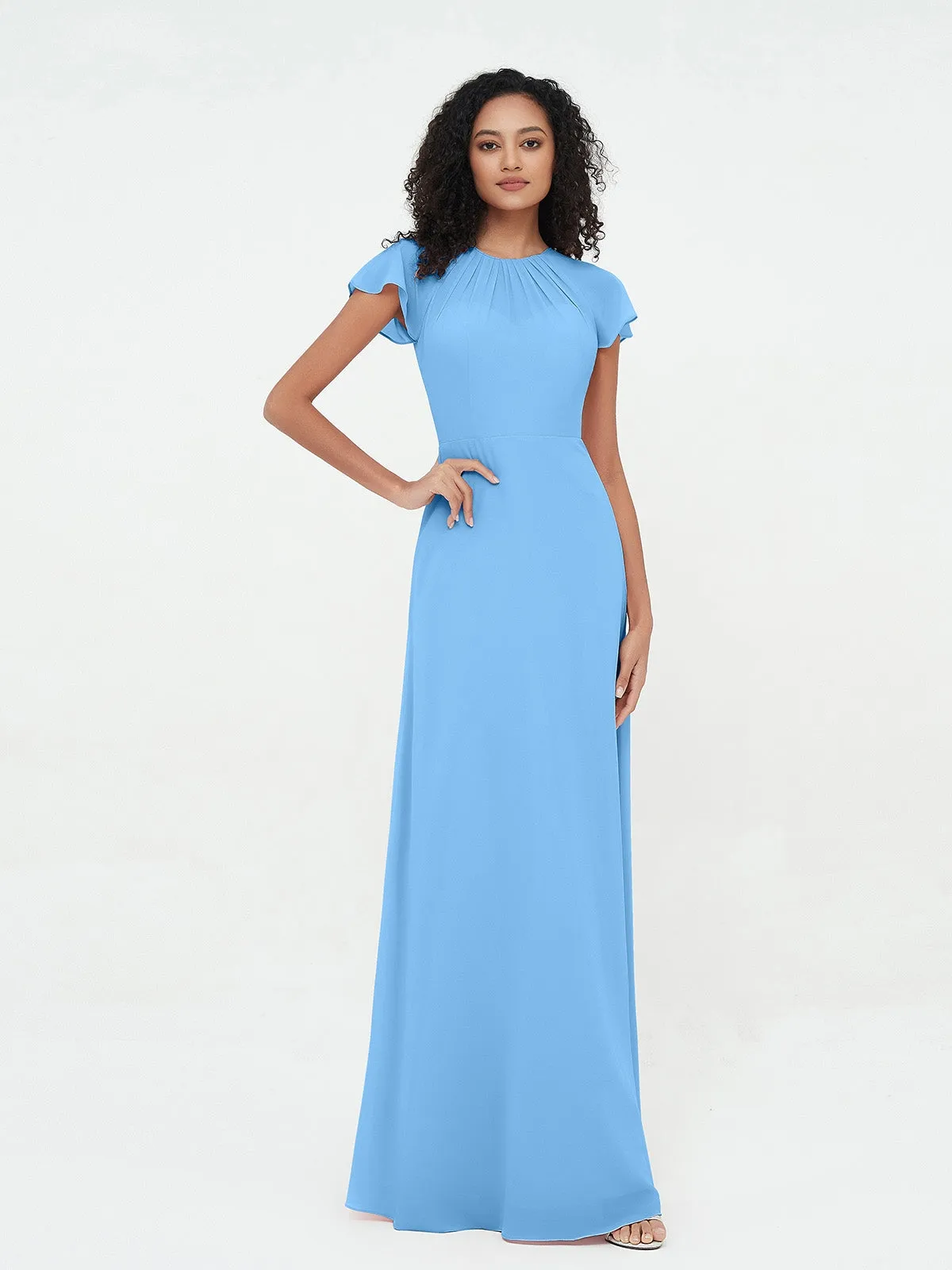 Illusion Neckline Chiffon Dresses with Cap Sleeves-Blue Plus Size