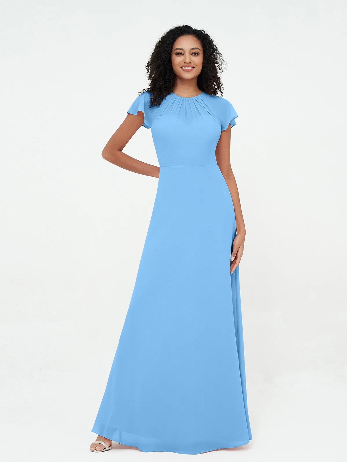 Illusion Neckline Chiffon Dresses with Cap Sleeves-Blue Plus Size