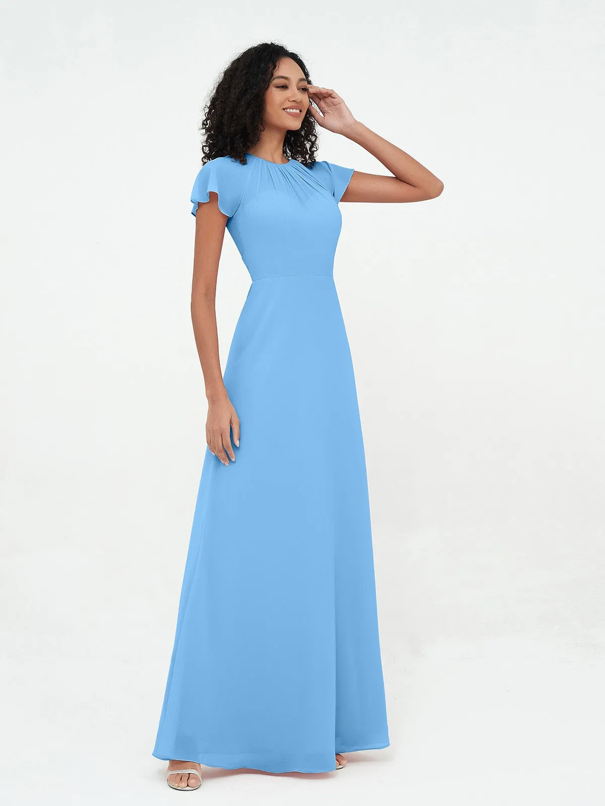 Illusion Neckline Chiffon Dresses with Cap Sleeves-Blue Plus Size